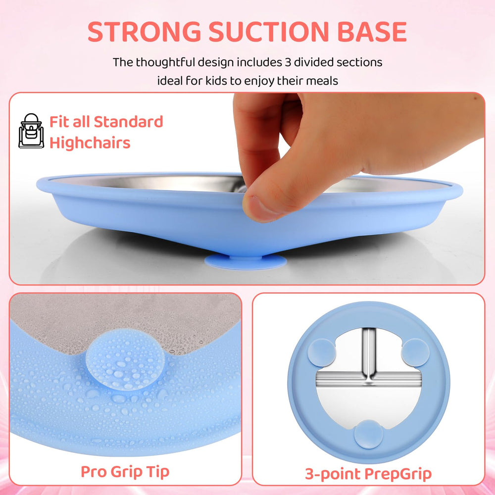 Iconfont three-point silicone suction system locks to tables for mess-free meals.