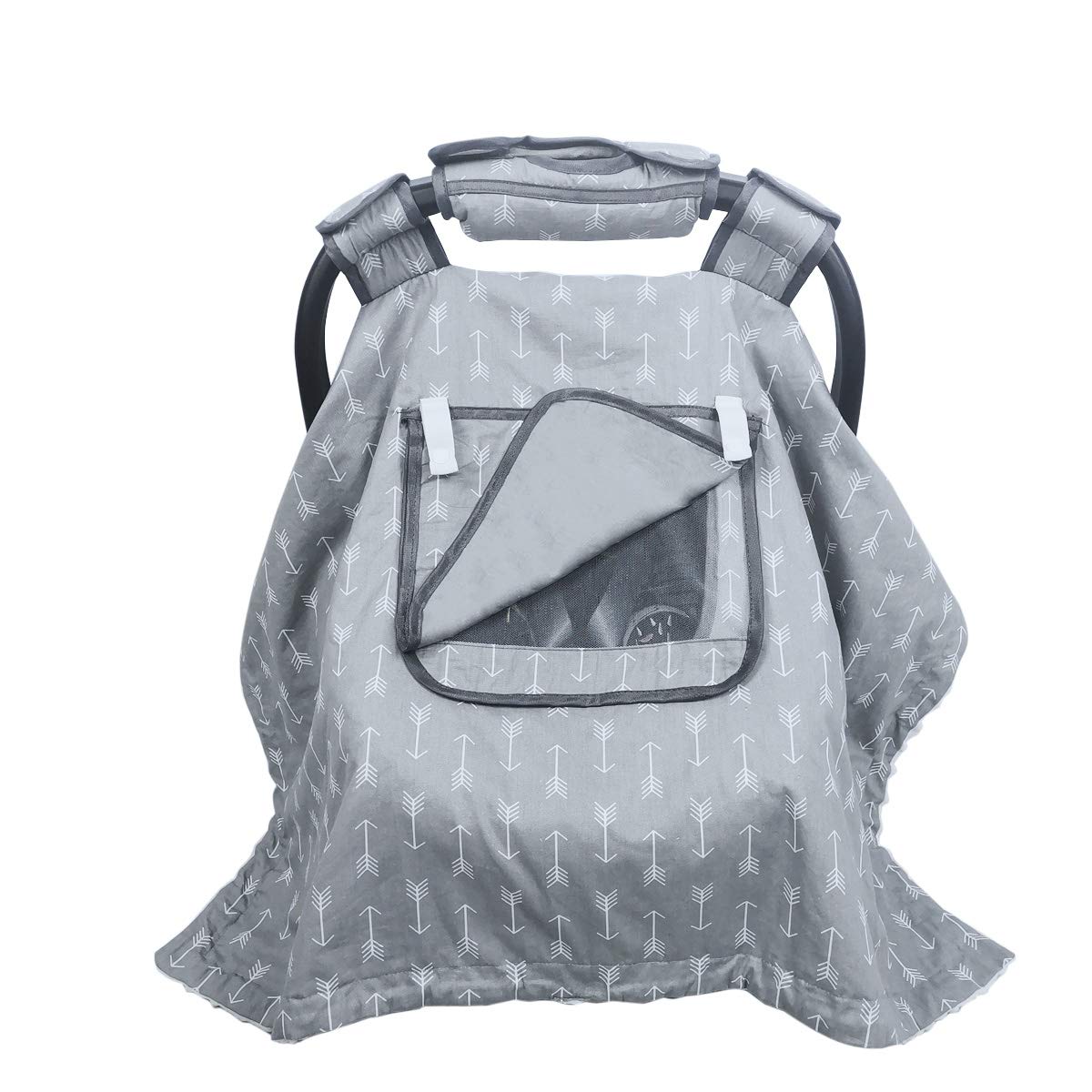 ICOPUCA car seat canopy with two-layer windows keeps baby protected while you check in nearby.
