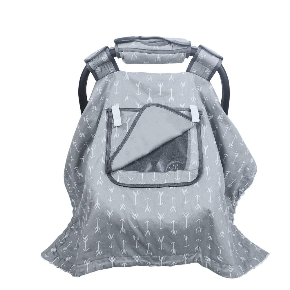 ICOPUCA car seat canopy with two-layer windows keeps baby protected while you check in nearby.