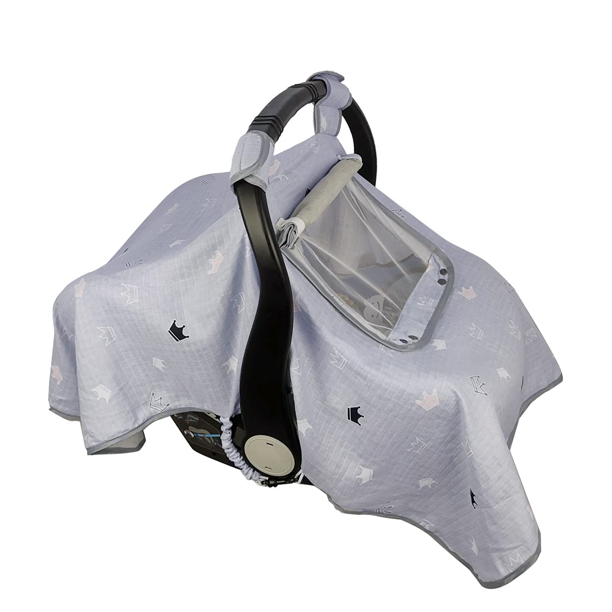 ICOPUCA car seat cover with window view keeps baby visible and comfortable during trips.