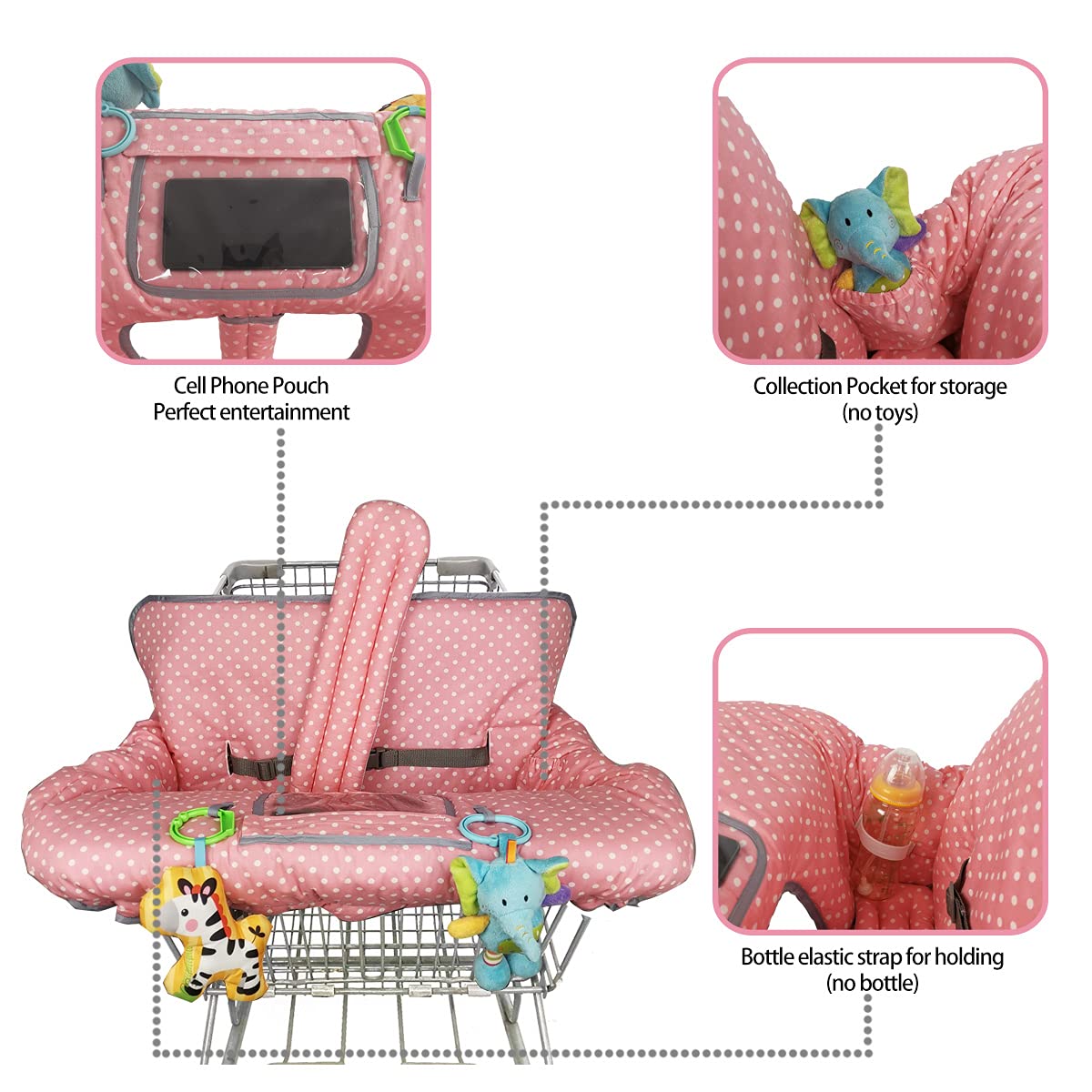 ICOPUCA cart cover with snack pocket and toy loops for organization.