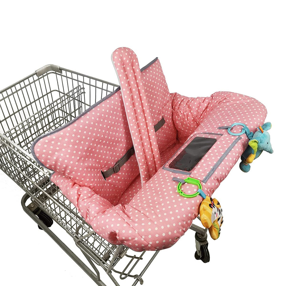 ICOPUCA Shopping Cart Cover 2-in-1 pink dots protects baby on carts.
