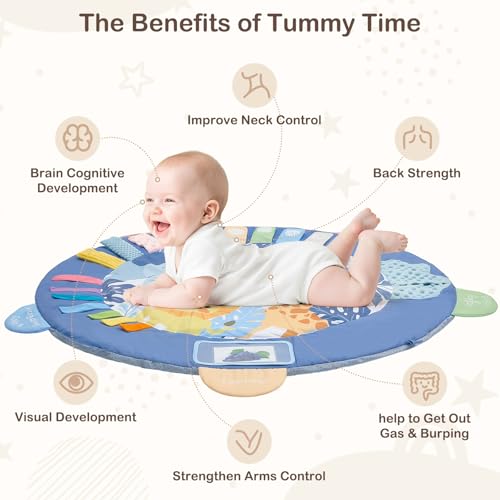 Detachable toys on ICOSY mat provide audible cues for early listening exploration.