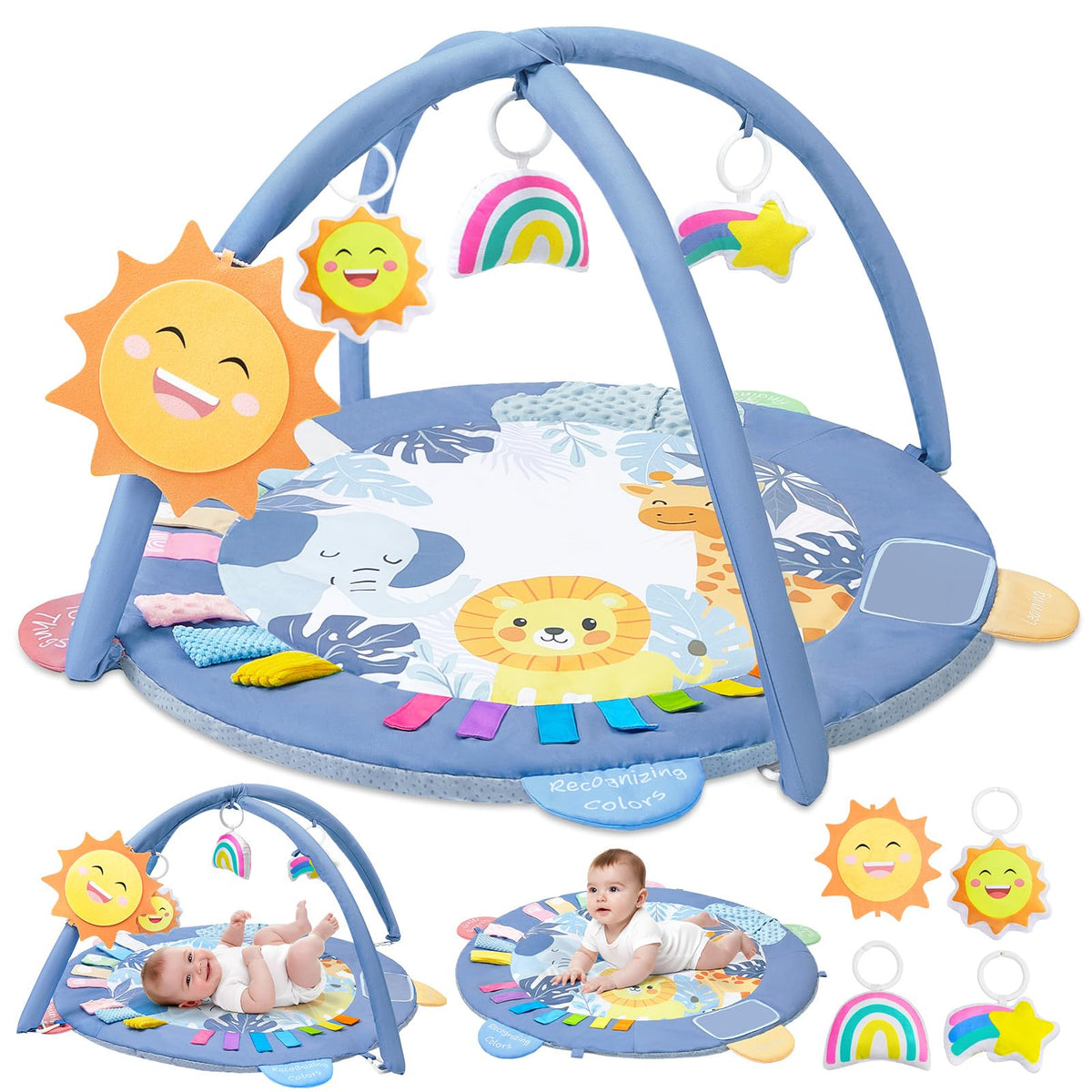 ICOSY Baby Play Gym Mat with hanging toys encourages sensory play for infants.
