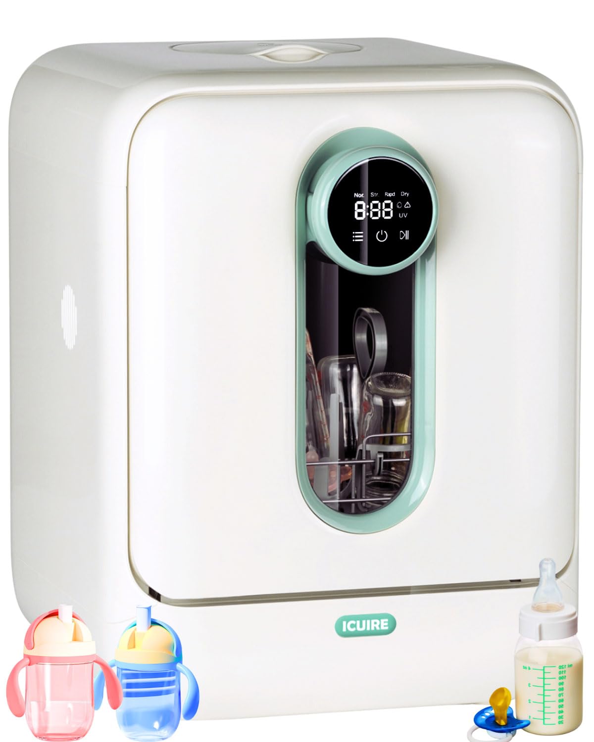 ICUIRE baby bottle washer front view highlighting compact countertop design.