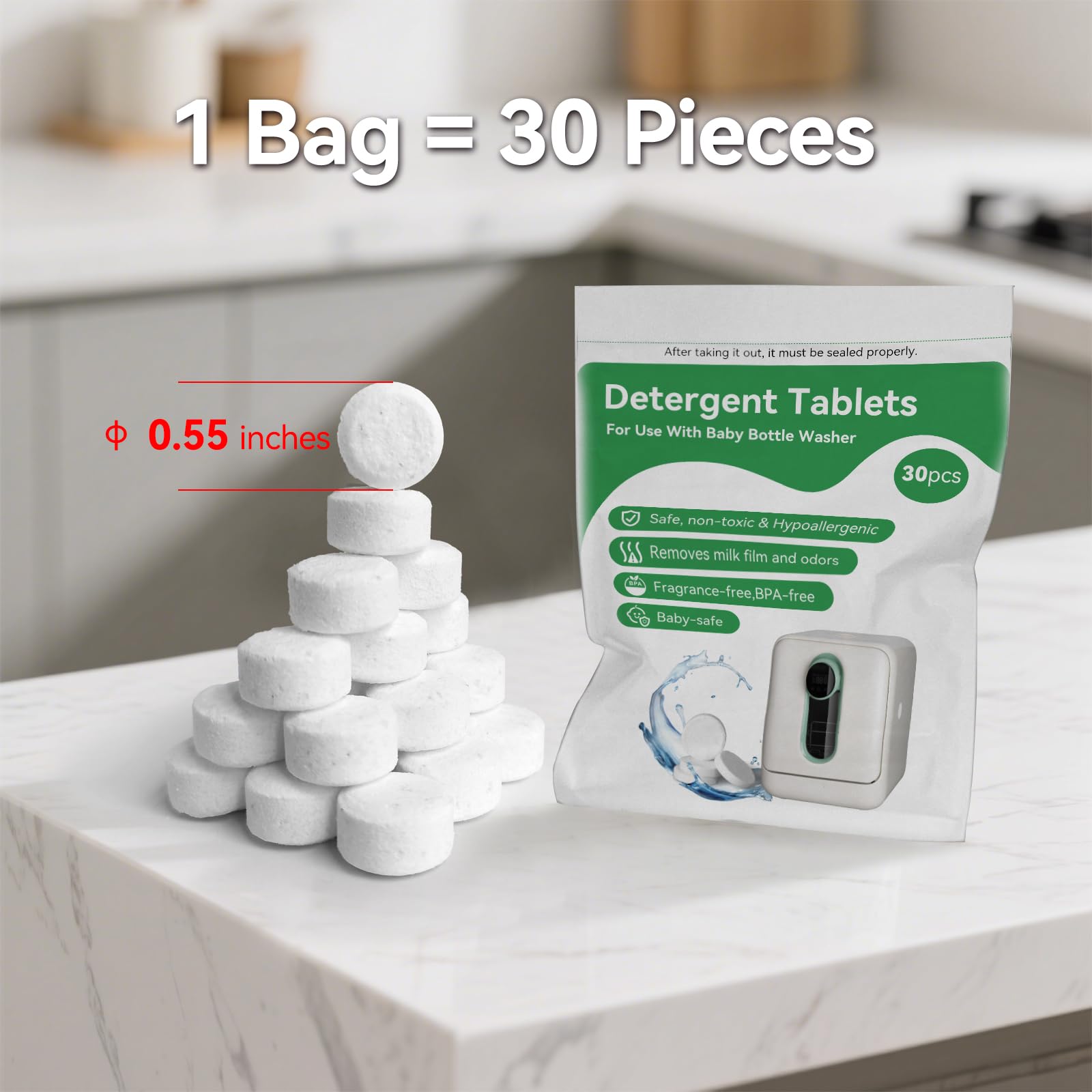 Bottle, nipple, and pump parts being cleaned with ICUIRE tablets