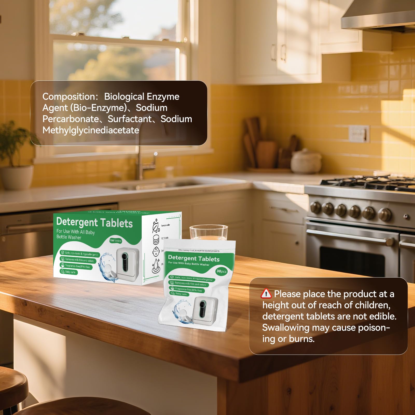 One-tablet-per-cycle use demonstrated for simple bottle cleaning