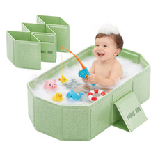 IcyByte collapsible baby bathtub folded for compact storage in small spaces.