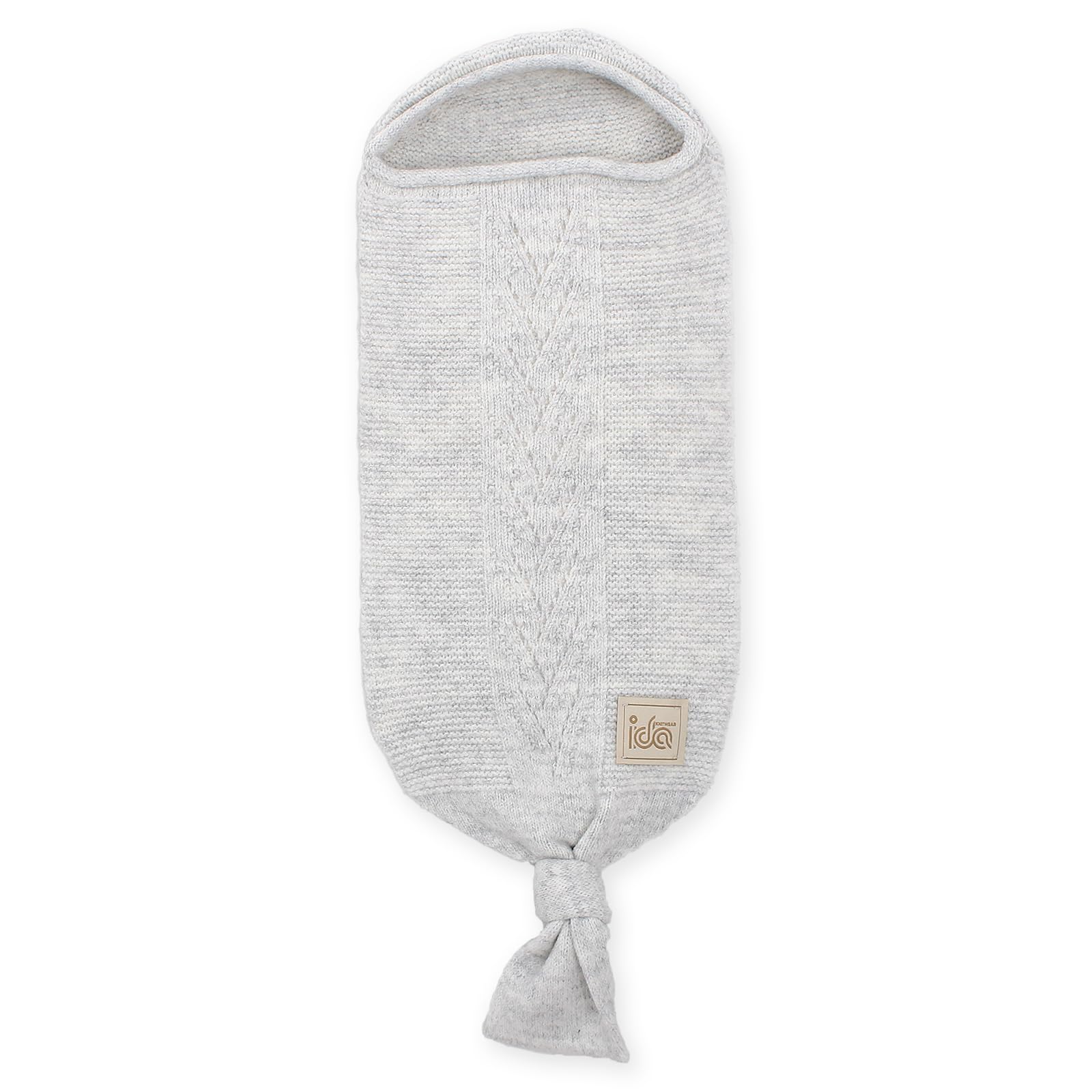 IDA KNITWEAR Cocoon Baby Blanket stone shot illustrates easy-to-use swaddle.