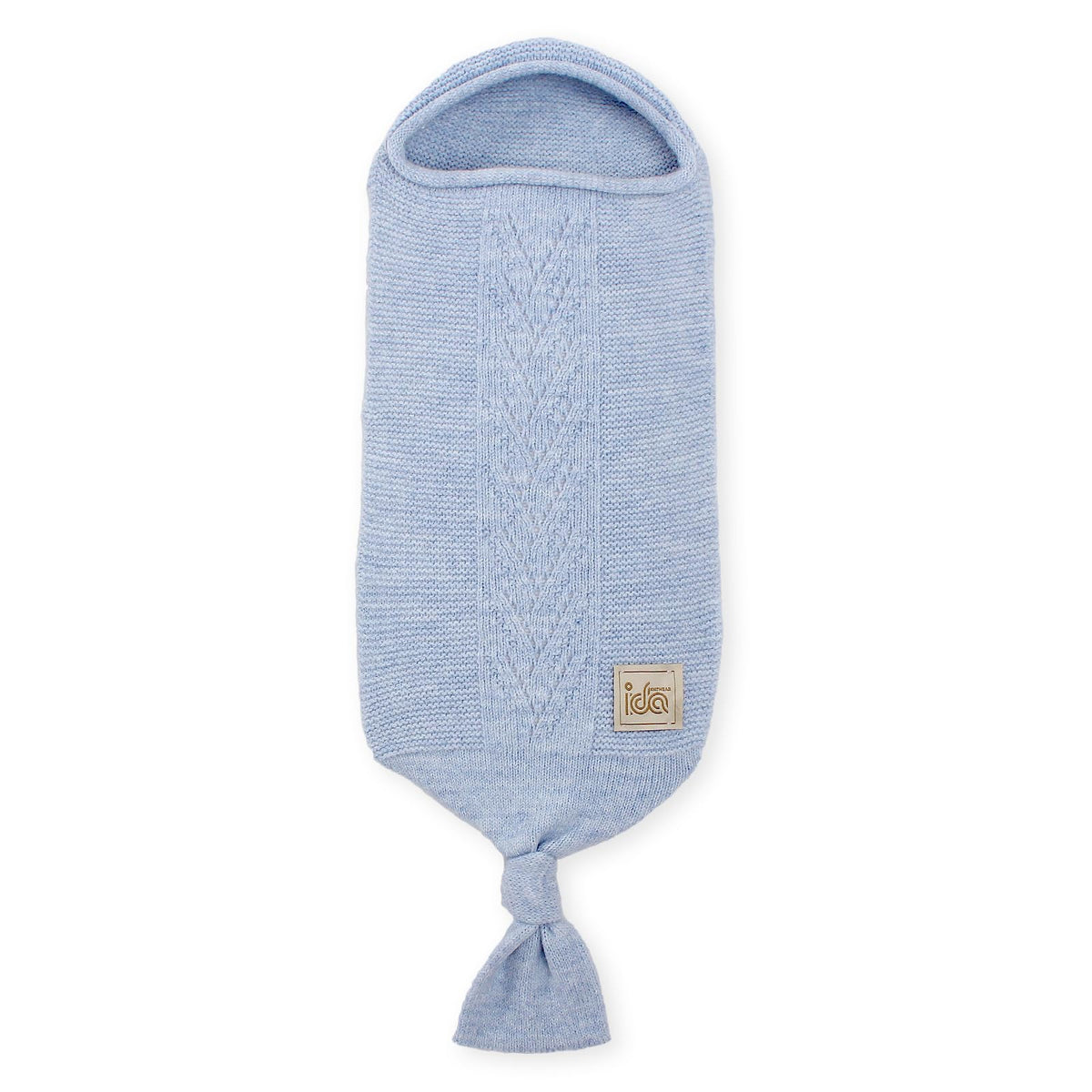 IDA KNITWEAR cocoon baby blanket in blue; breathable Hattush yarn for newborn comfort.