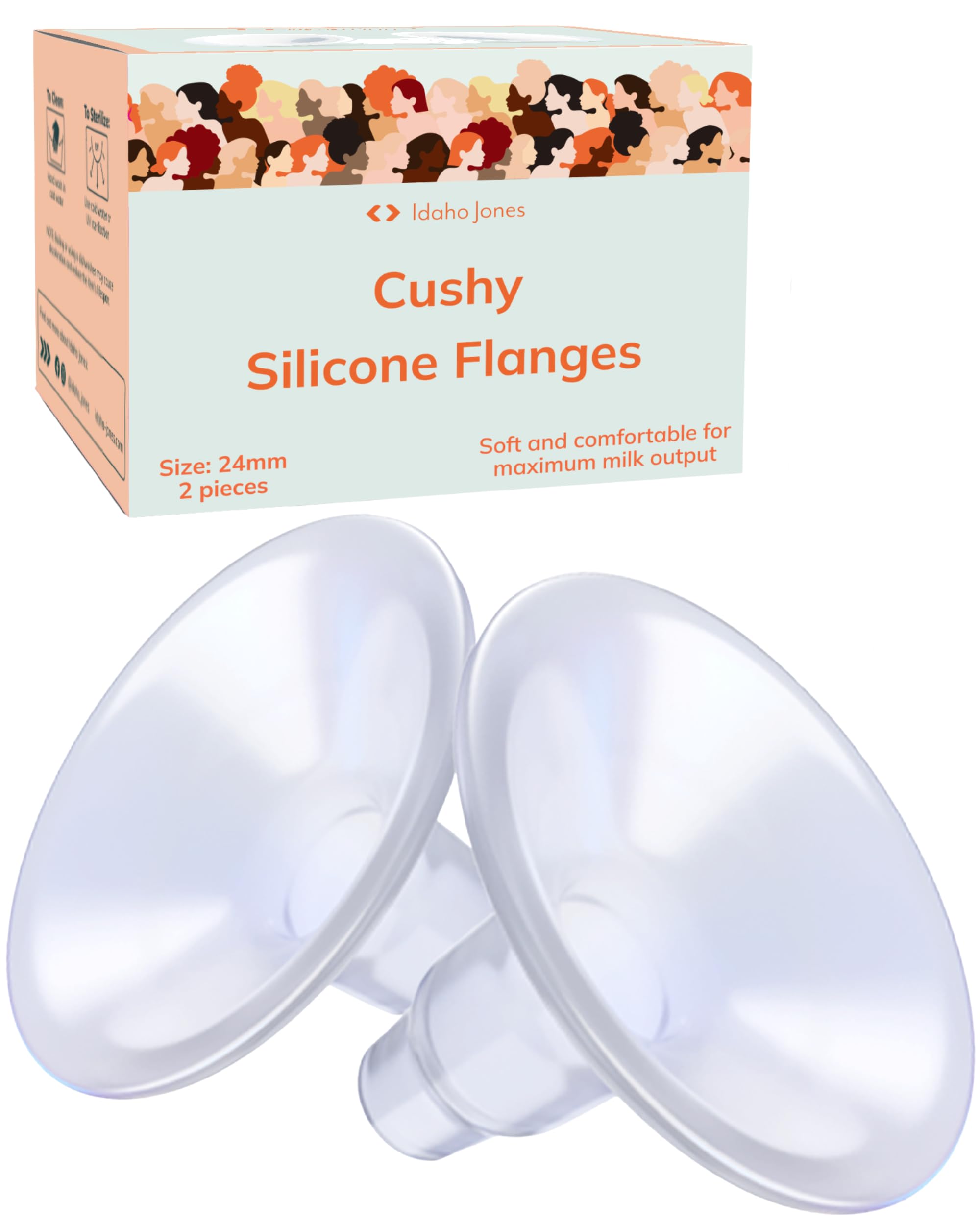 IDAHO JONES Cushy silicone flanges 24mm offer comfortable fit for gentle pumping.