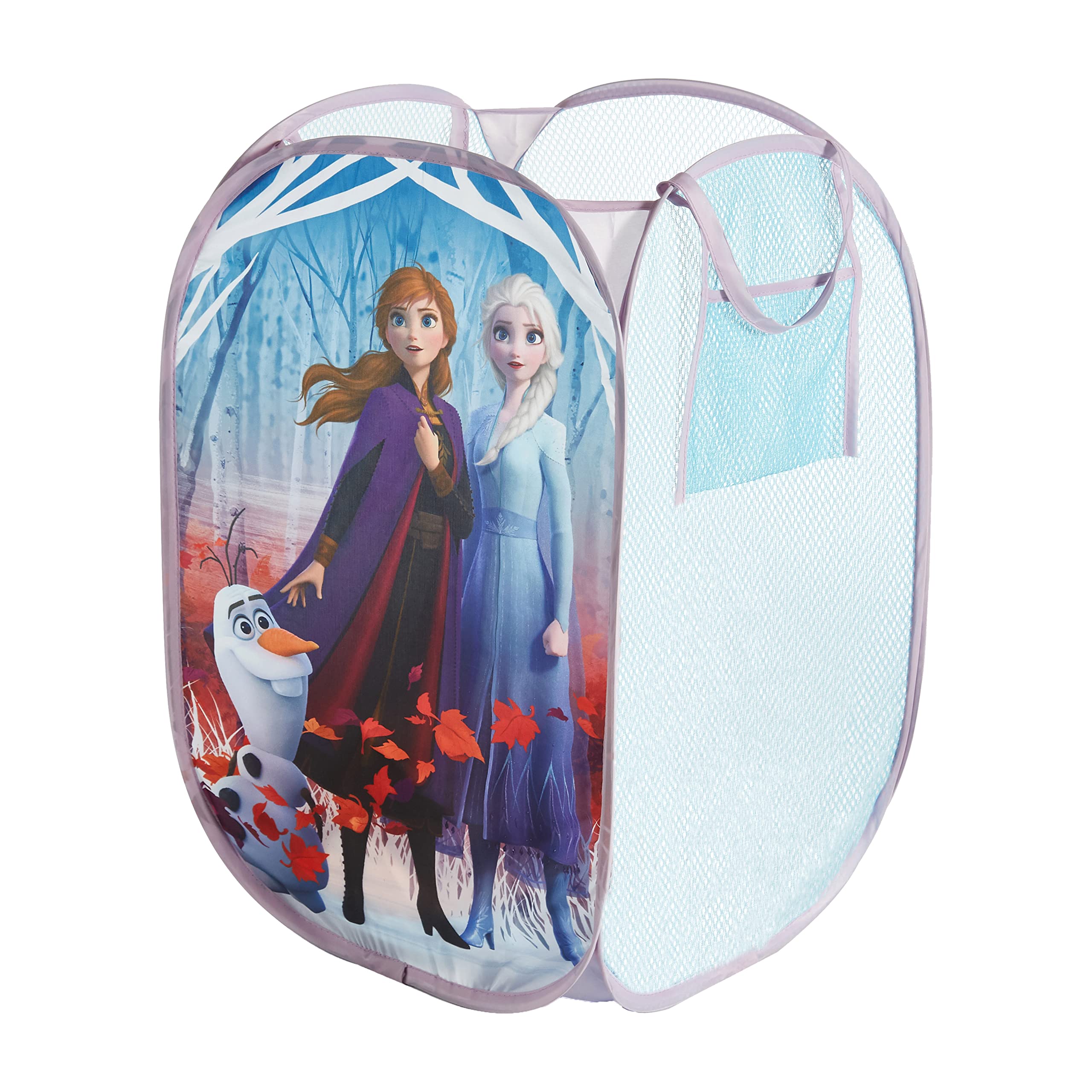 Idea Nuova Frozen 2 pop-up hamper with Anna and Elsa design for easy kids' room organization.
