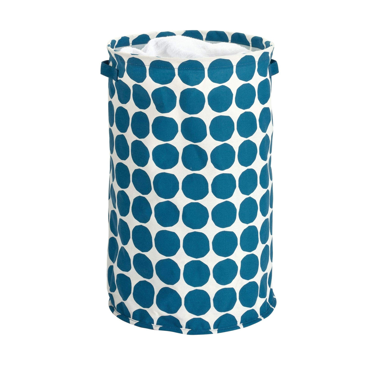 InterDesign iDesign Dot Round Storage Bin blue closeup showing pattern and durable fabric for easy closet organization.