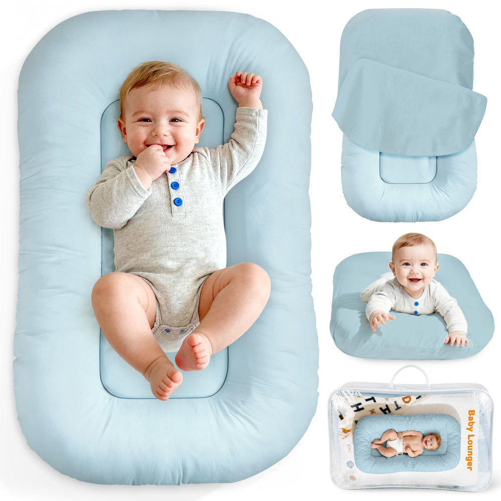 Idudbid baby lounger blue top view highlights portable comfort for newborns.