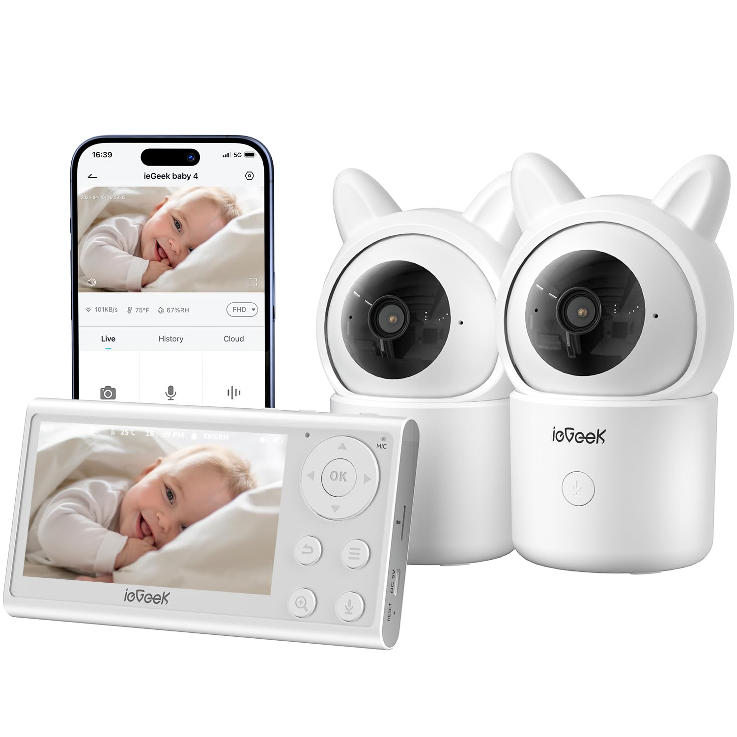 ieGeek 1080P baby monitor with dual cameras in split view for twins