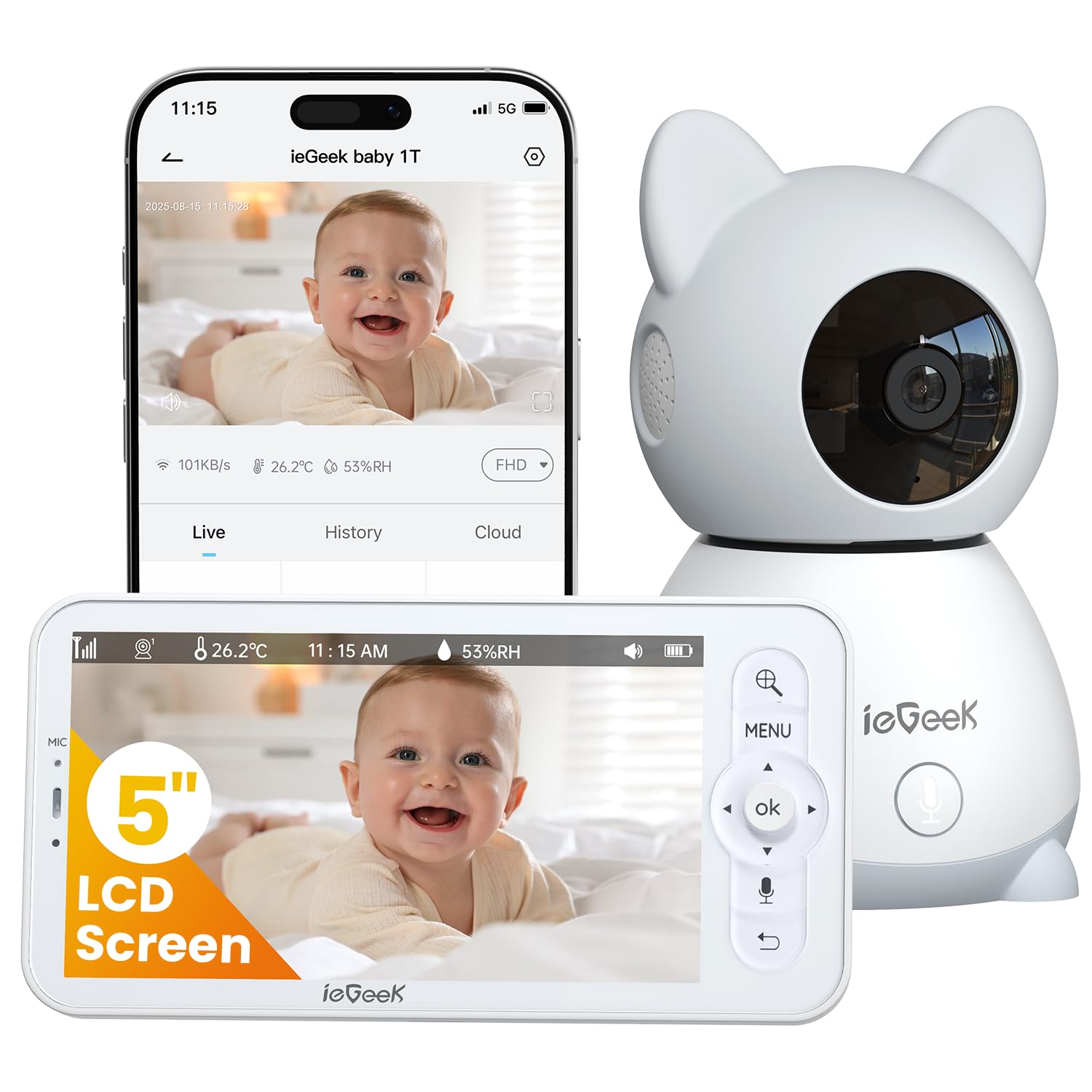 ieGeek baby monitor 5-inch screen for crystal-clear live viewing at a glance