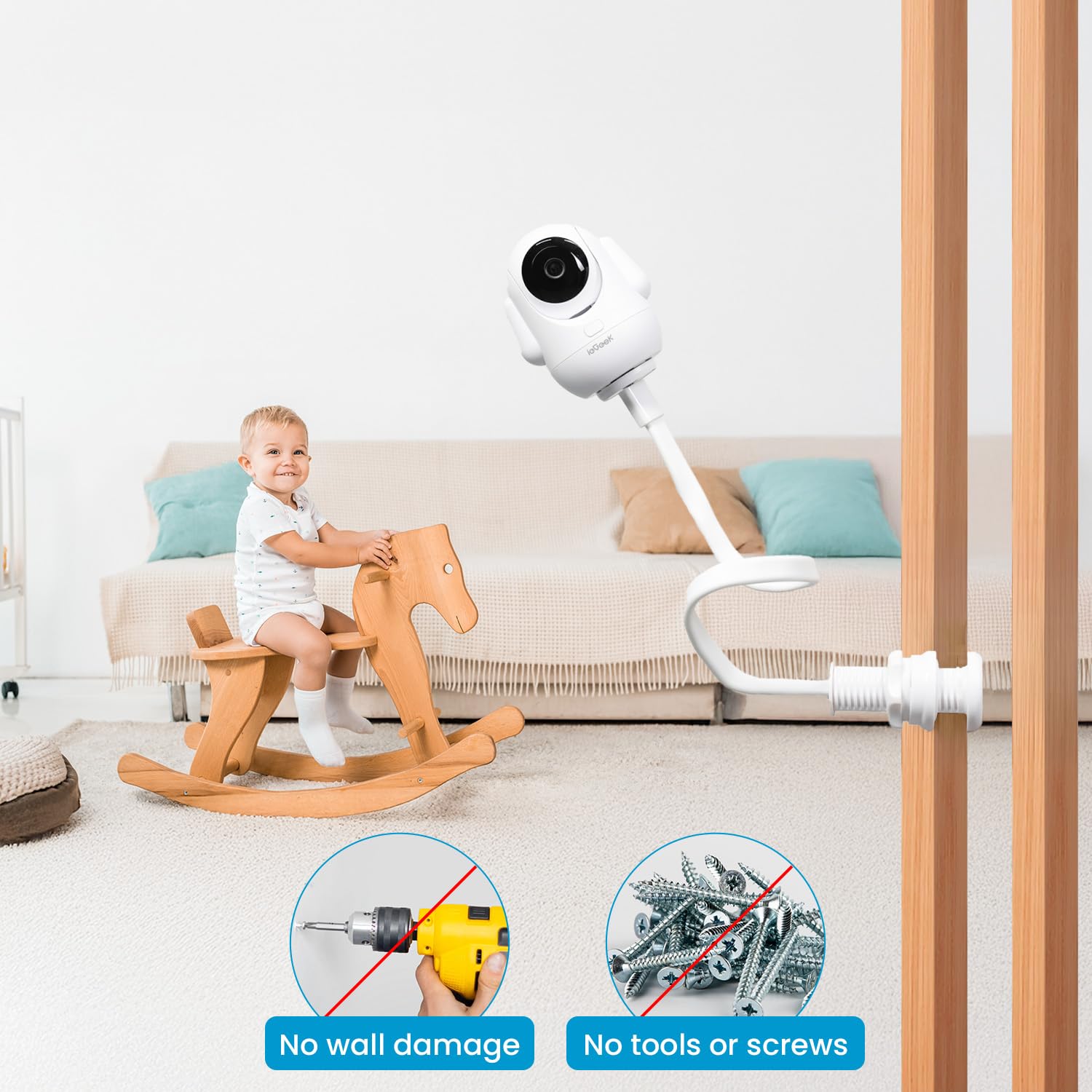 Adjustable angle gooseneck for perfect viewing from any chair or crib