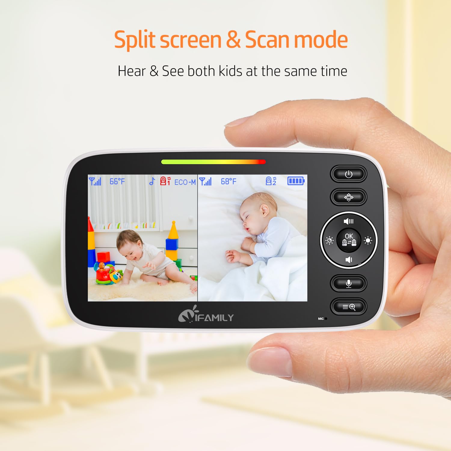 iFamily two-cameras pan-tilt image allows flexible viewing angles for crib and play area.