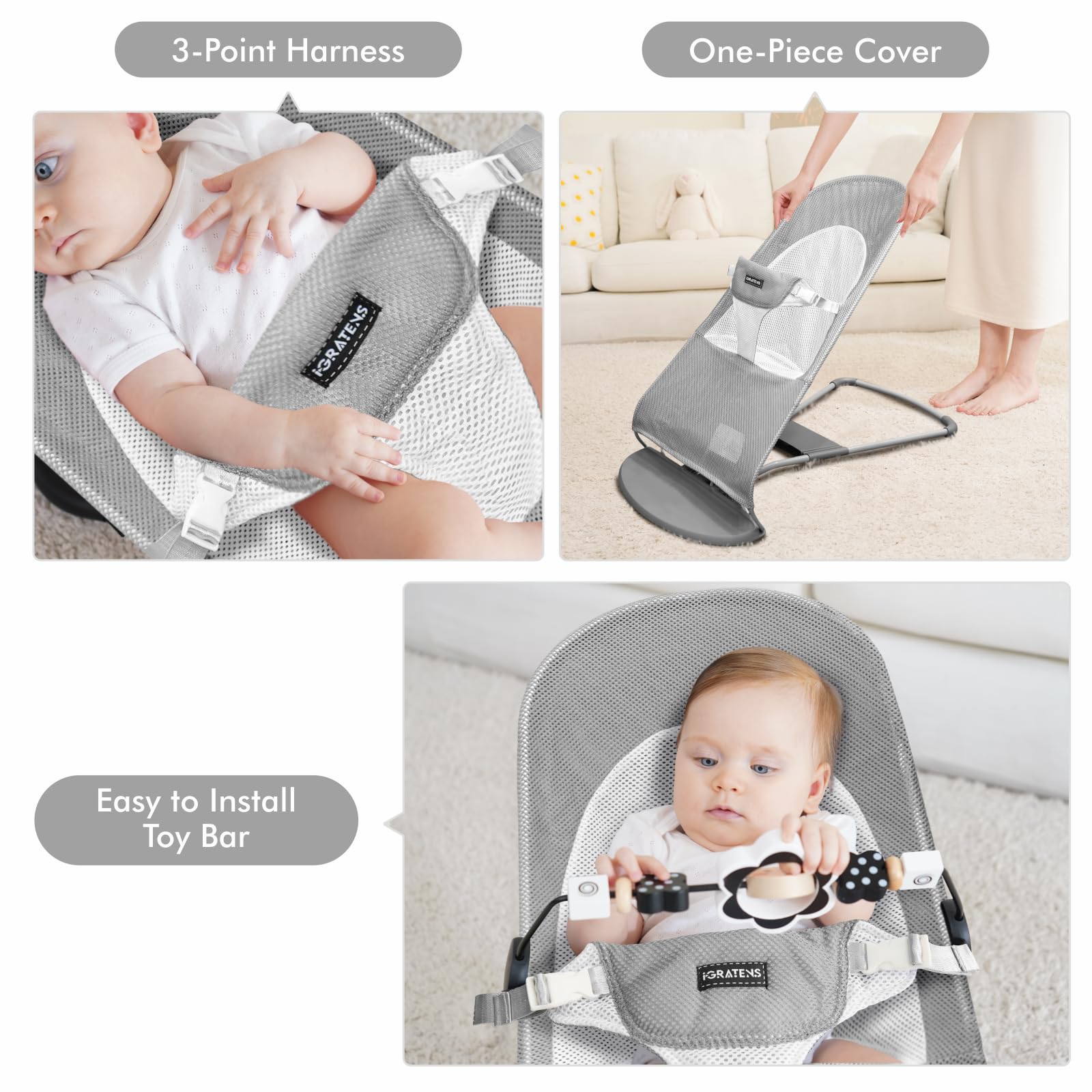 iGRATENS machine-washable bouncer cover for quick hygiene refresh
