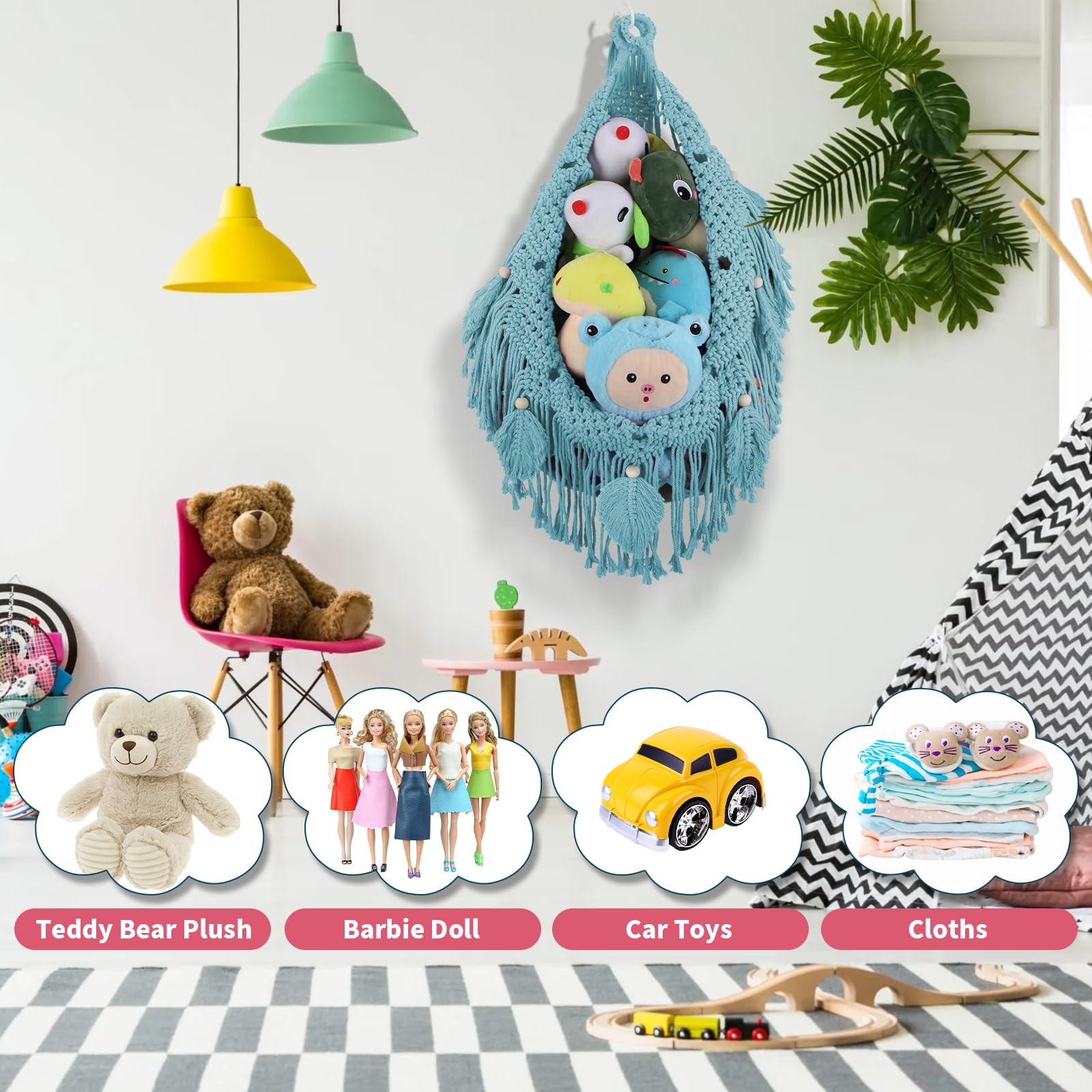 iHansee turquoise hammock in a kids room creates a tidy, stylish display.