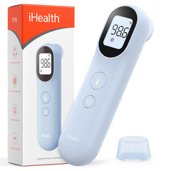 iHealth PT9L forehead thermometer display with quick readings and blue backlight.