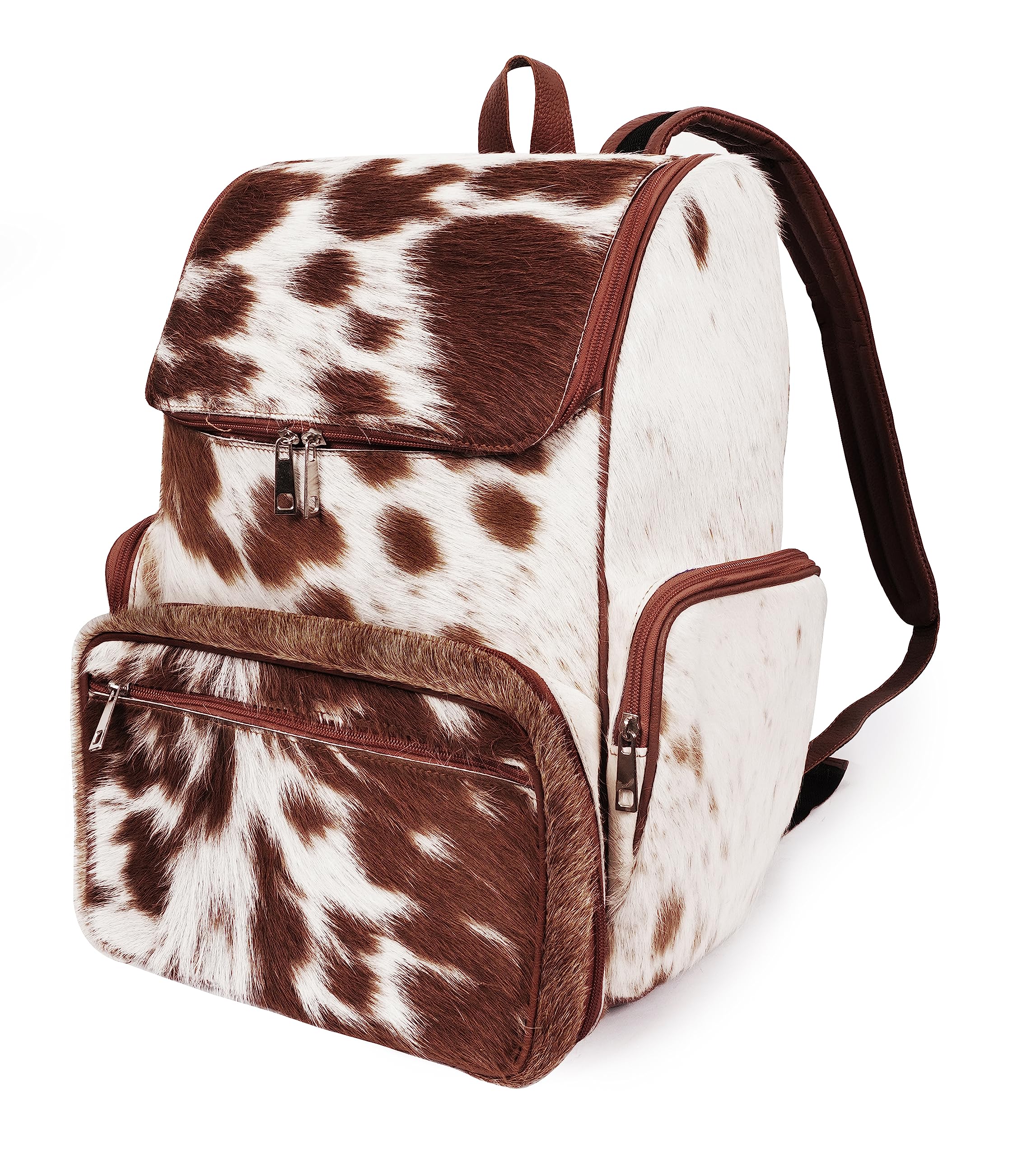 III-Fashions cowhide hair backpack front view shows rugged style and practical organization.