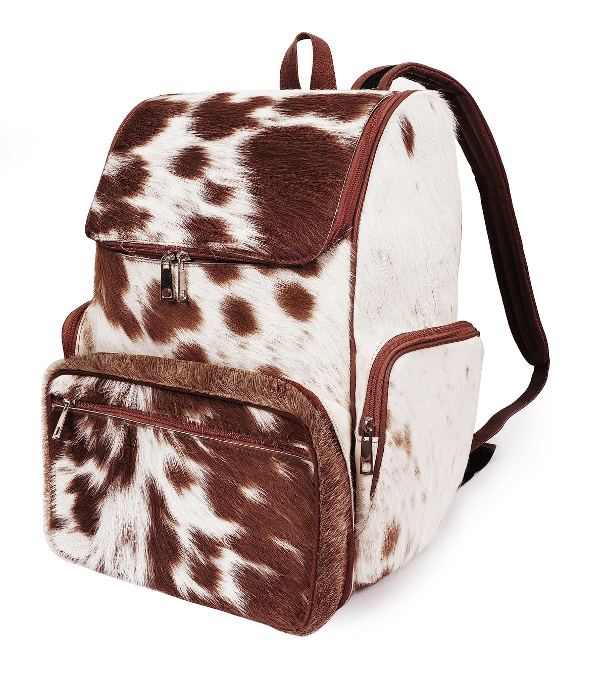 III-Fashions cowhide hair backpack front view shows rugged style and practical organization.
