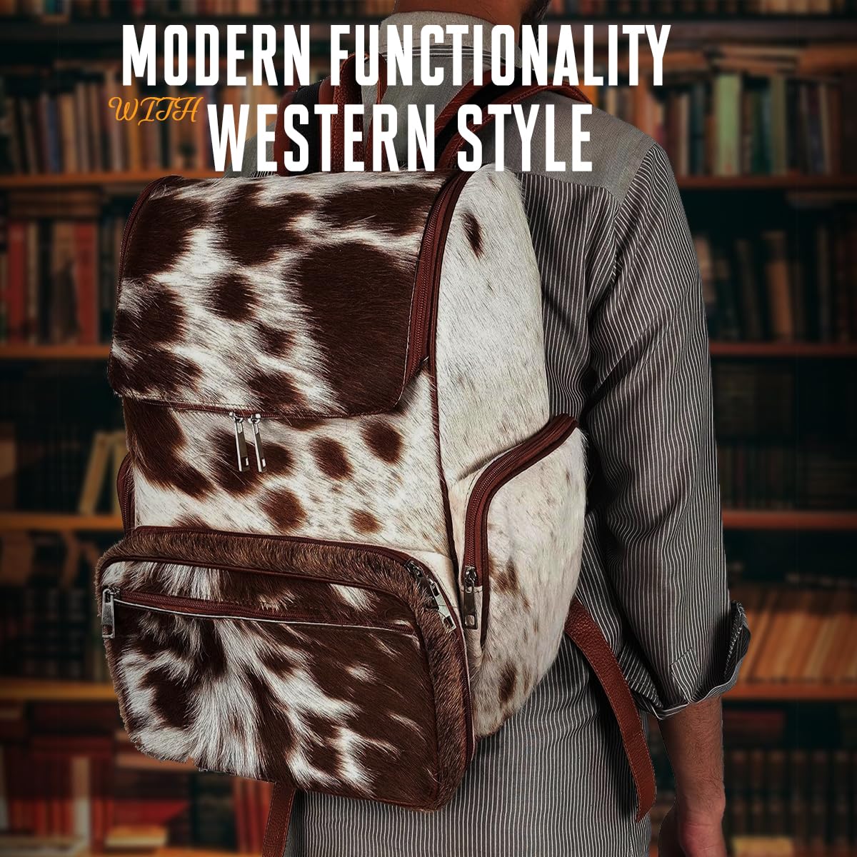 III-Fashions cowhide hair backpack interior reveals organized compartments and soft cotton lining.