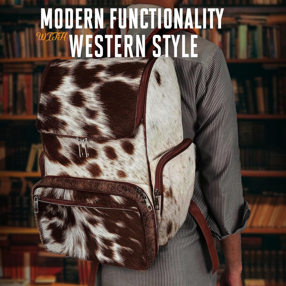 III-Fashions cowhide hair backpack interior reveals organized compartments and soft cotton lining.
