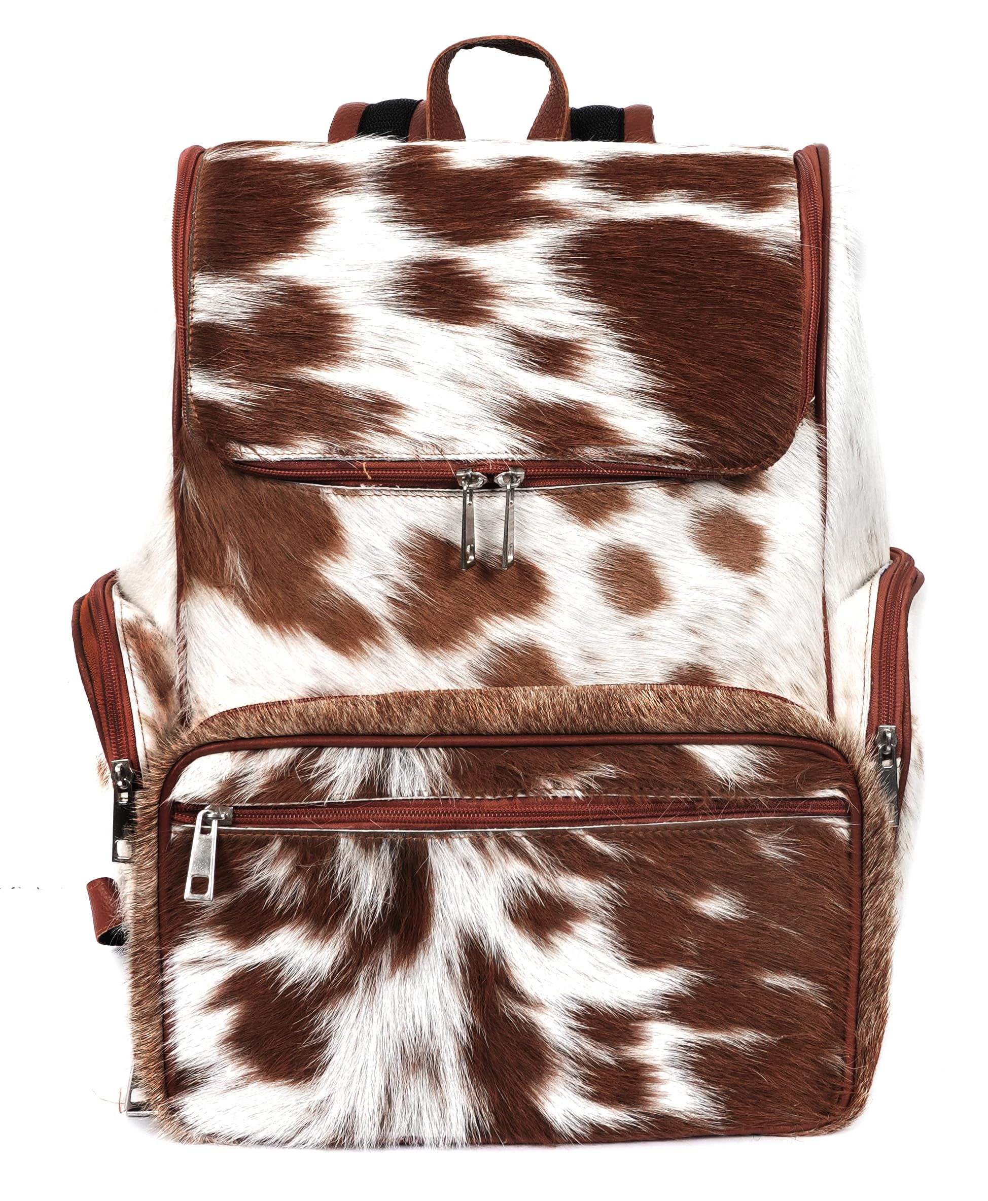 III-Fashions cowhide hair backpack side pocket highlights quick-access storage for essentials.