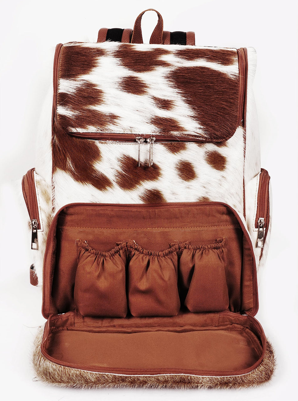 III-Fashions cowhide hair backpack with YKK zipper emphasizes durable, smooth opening for daily use.