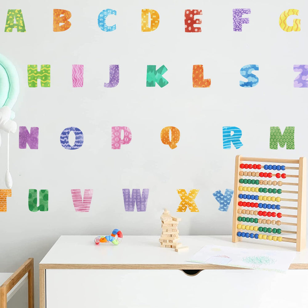 iinuu colorful alphabet decals on walls promote playful learning in playrooms and classrooms.