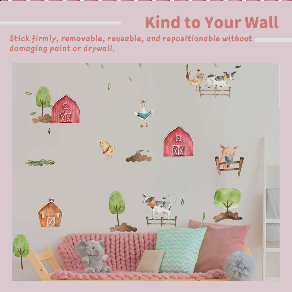 iinuu Farm Animals wall decals show cow, pig, rooster, and duck for playful learning decor.
