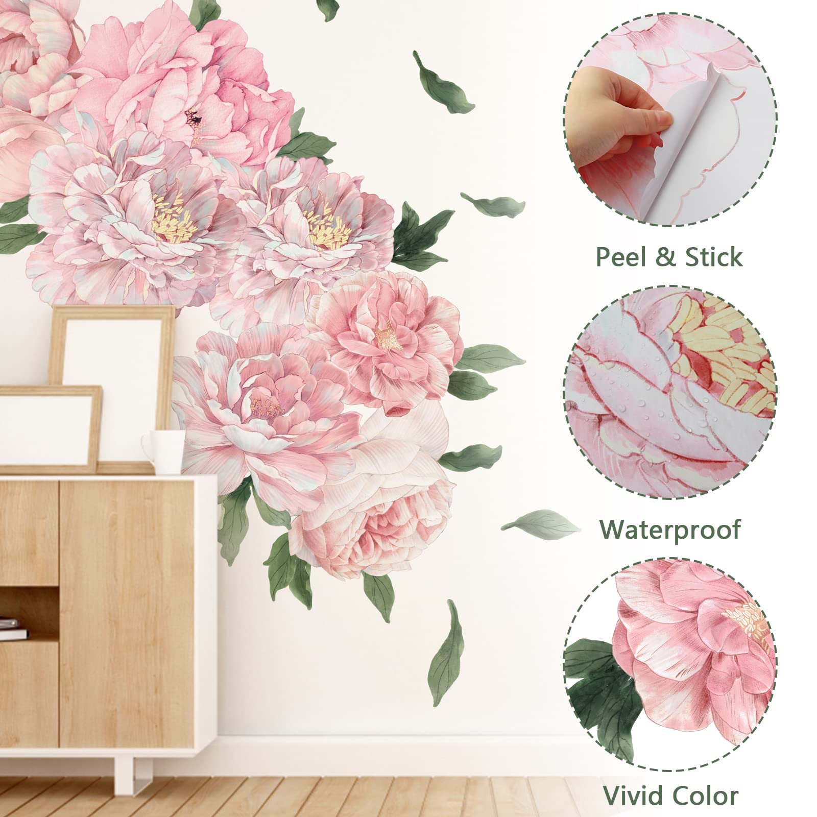 iinuu pink peony wall stickers leaves detail on smooth wall surface
