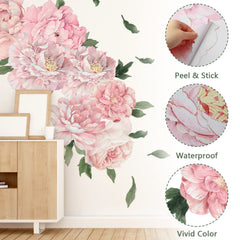 iinuu pink peony wall stickers leaves detail on smooth wall surface