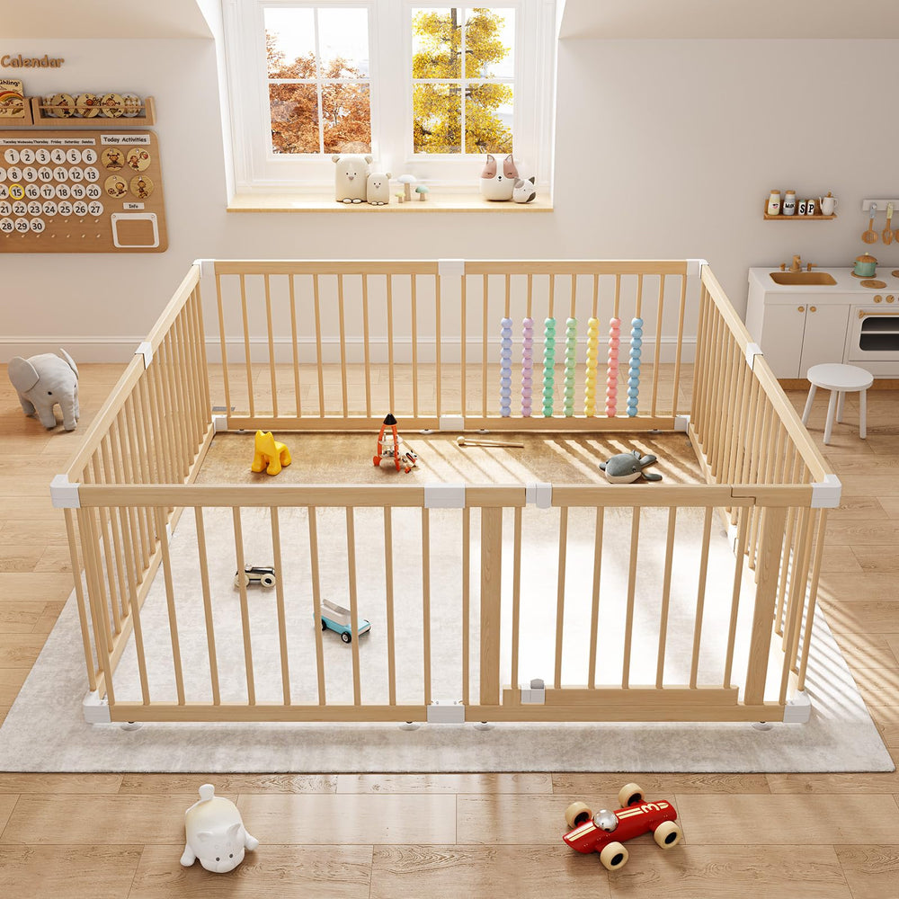 IKALIFE large wooden baby playpen front view showing spacious interior and safe perimeter