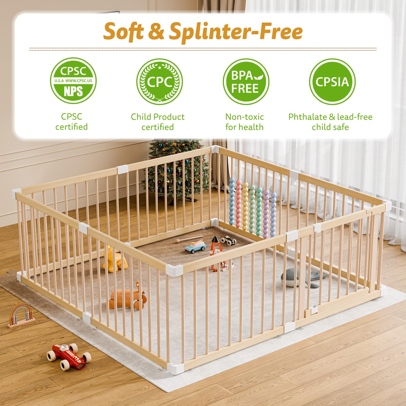 IKALIFE large wooden baby playpen side view highlighting compact footprint