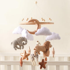 Ikubigu baby mobile for crib with wood elements enhances visual focus and soothing ambiance.