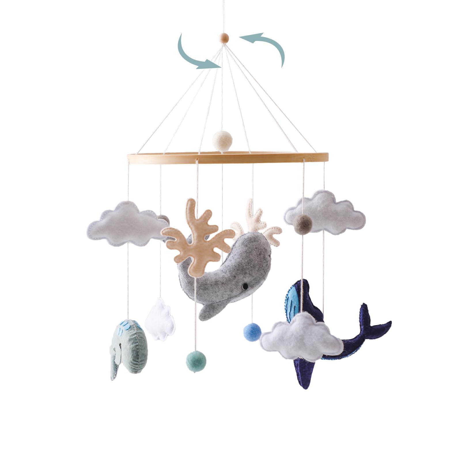 Ikubigu Montessori baby mobile with ocean animals over the crib promotes visual tracking.