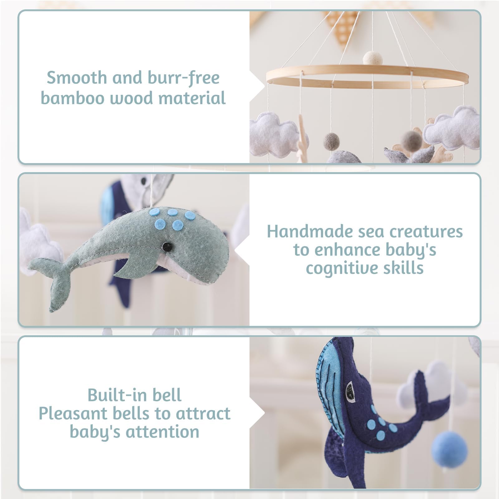 Ikubigu Montessori baby mobile sea blue whale focal point for early attention.