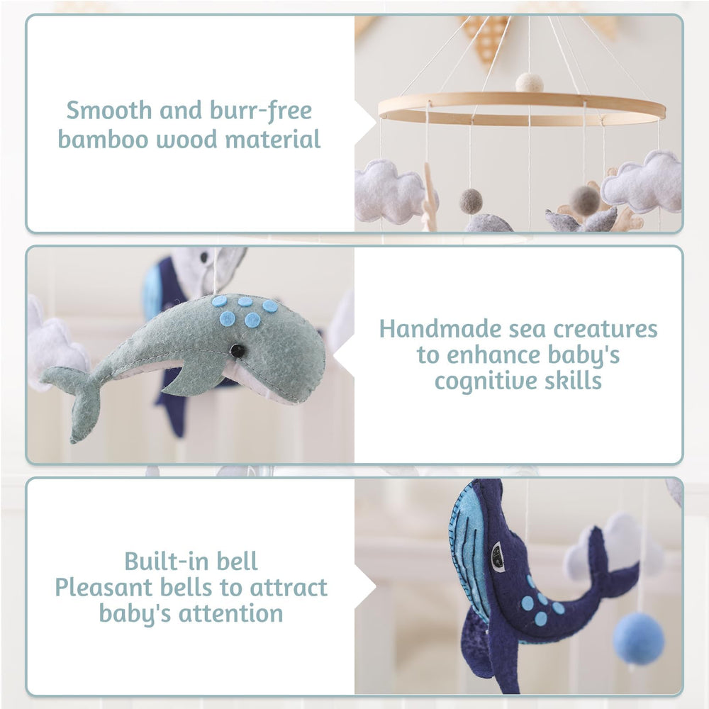 Ikubigu Montessori baby mobile sea blue whale focal point for early attention.