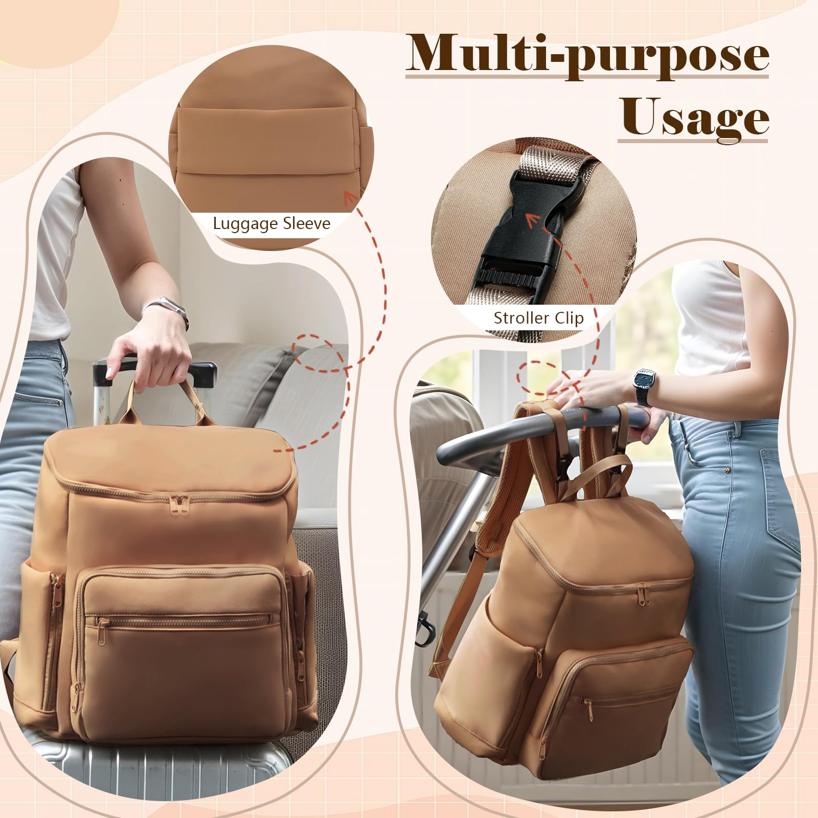 ILCOLPO brown diaper bag backpack is travel-ready for strollers or planes.