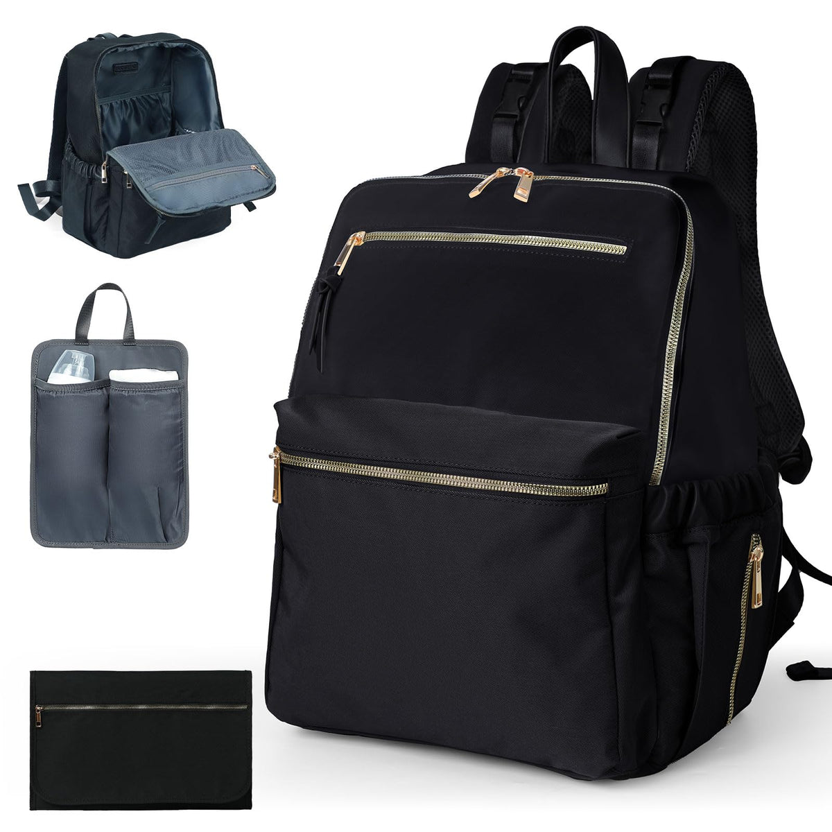 ILCOLPO diaper bag backpack front view in black showing durable nylon and spacious compartments