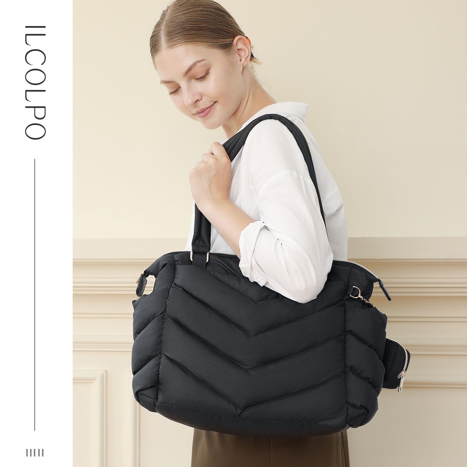 ILCOLPO diaper bag tote shows large capacity for baby essentials on the go.