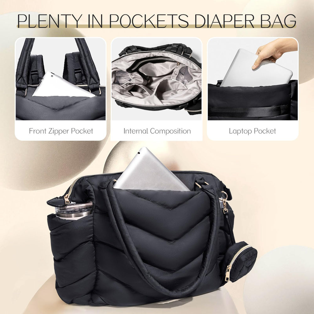 ILCOLPO diaper bag tote includes pacifier case and changing pad for quick access.