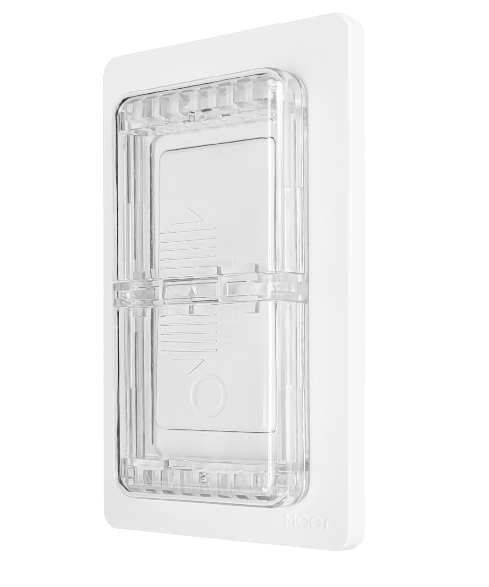 ILIVABLE light switch guard on screwless wall plate, front view, prevents accidental switching