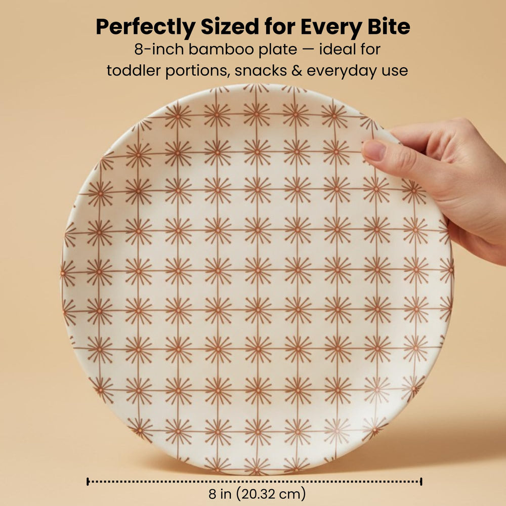 ilohaus bamboo plates for kids 4-pack on table, ideal for family meals