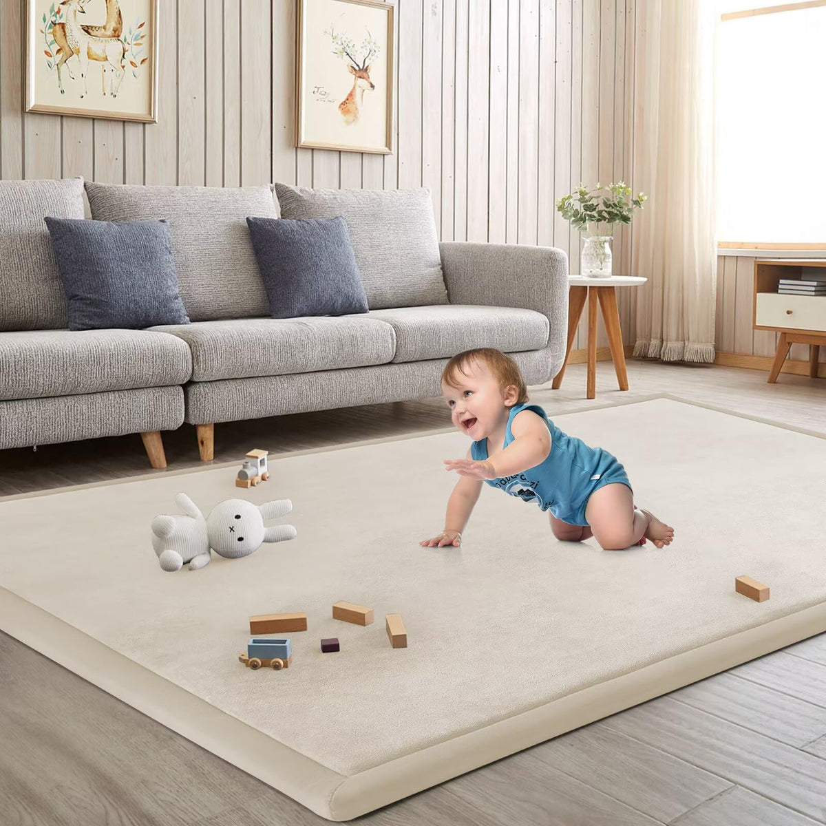 ILPEOD Baby Play Mat beige floor mat creates a soft, safe play area on the floor