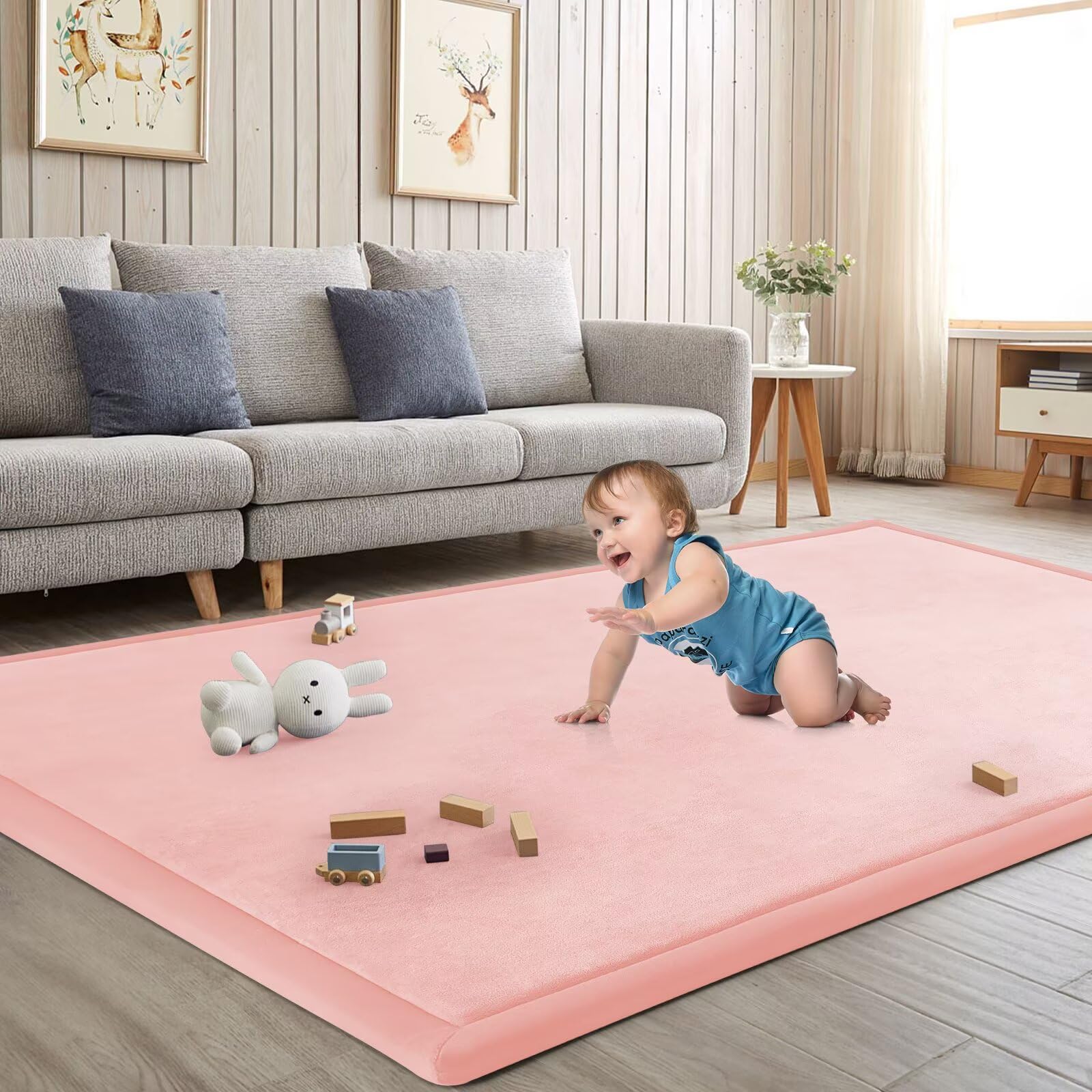 ILPEOD baby play mat front view in pink offers a safe, cushioned play space.