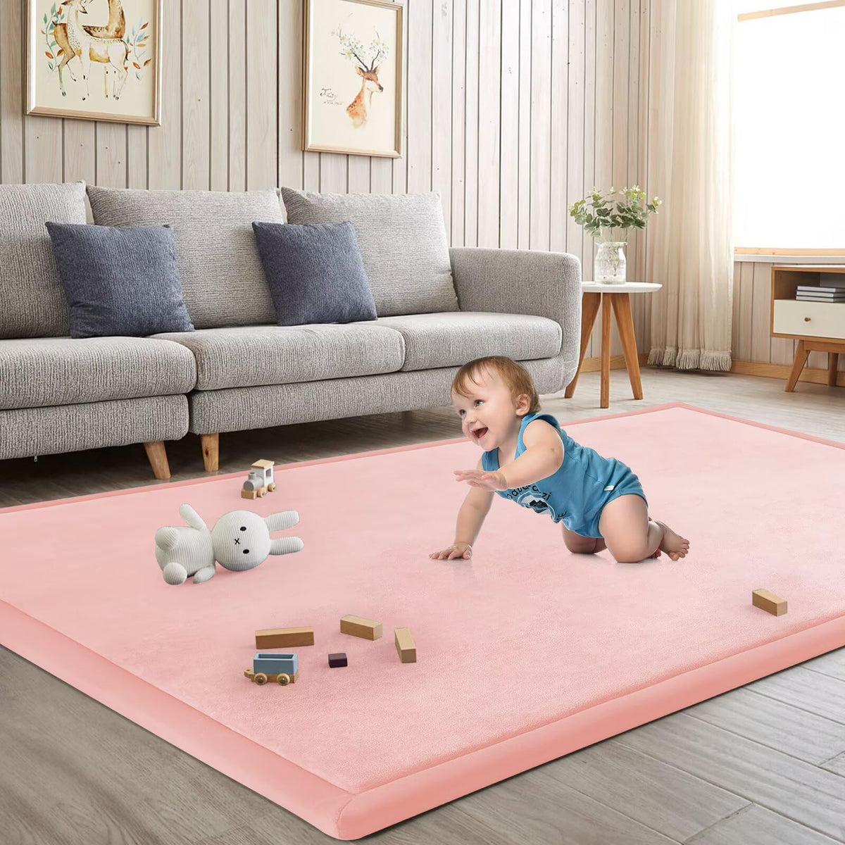 ILPEOD baby play mat pink cover for safe tummy time and play.